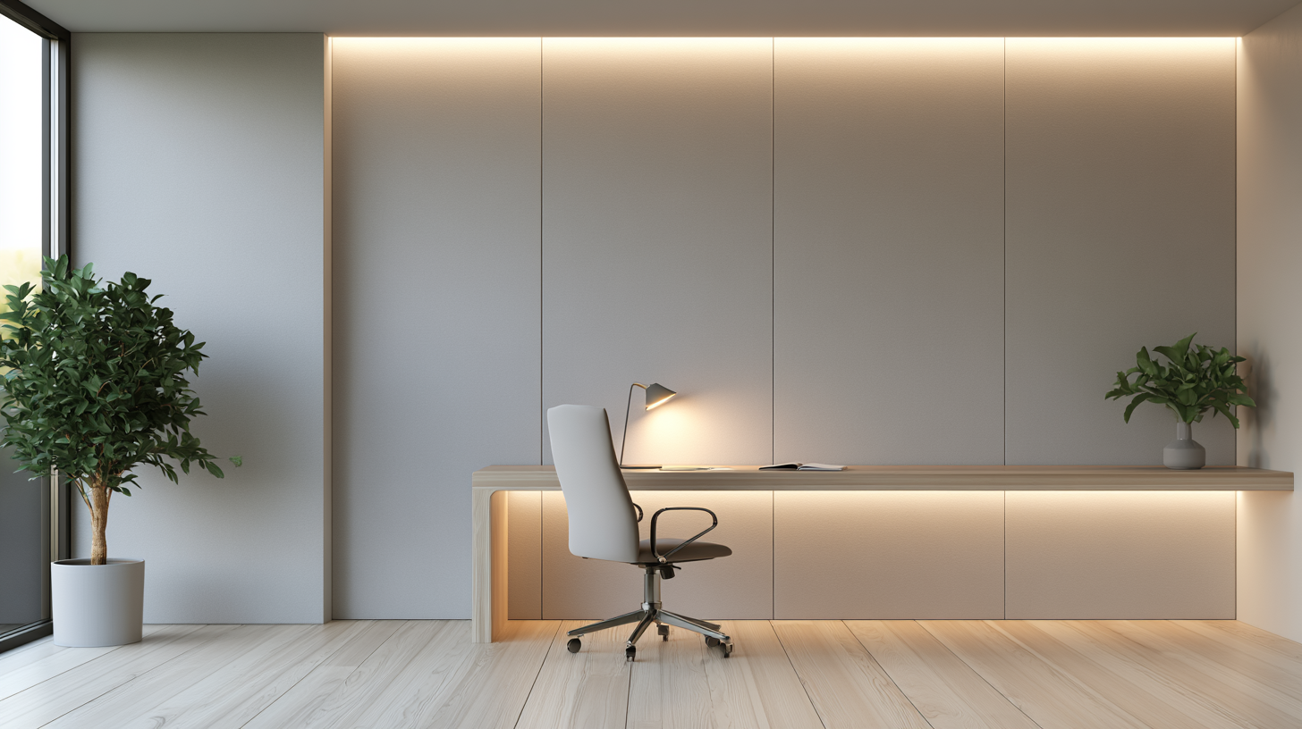Minimalist office with an acoustic-treated wall and a single desk
